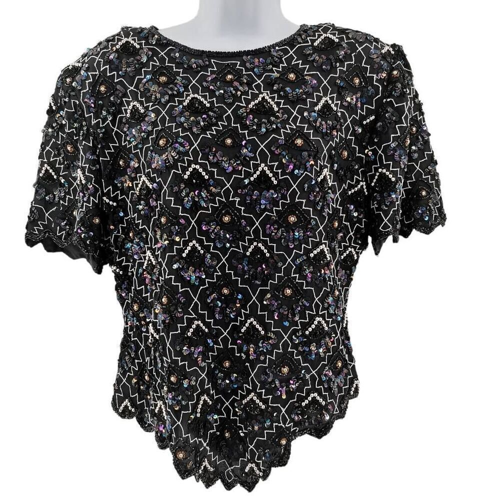 Vintage Black Silk Top Hand Embellished with Iridescent Black & Silver Beads/Seq